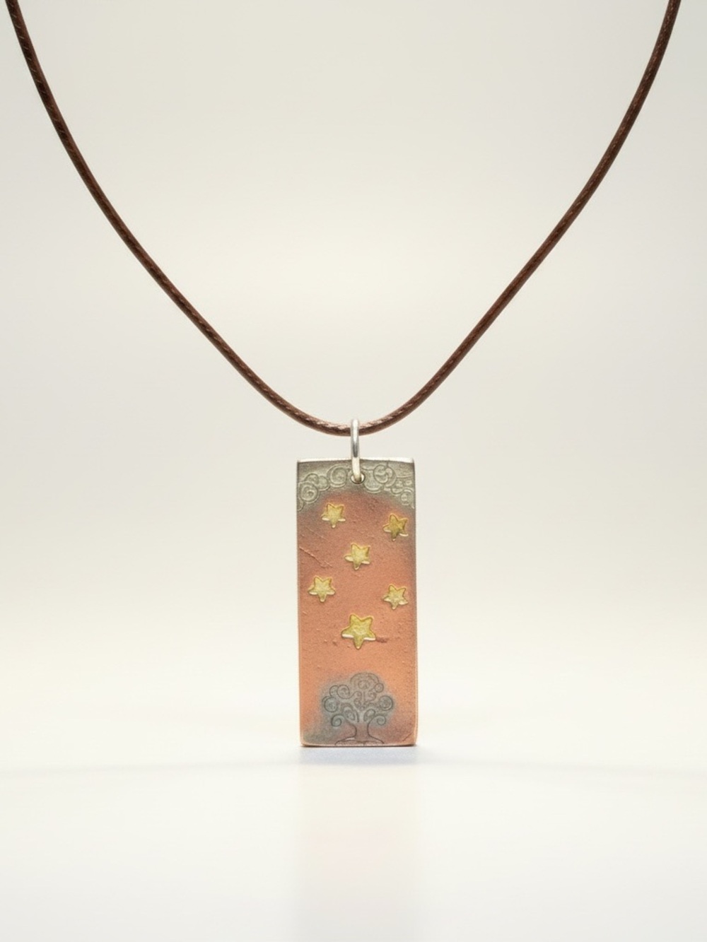 Handmade stamped silver pewter Tree of Life adjustable brown‎ leather necklace